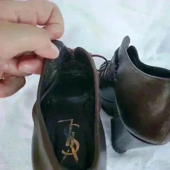 YVES SAINT LAURENT Brown Leather Lace-Up Caged Peep-Toe Heels | Gladiator Wedges - Picture 4 of 8